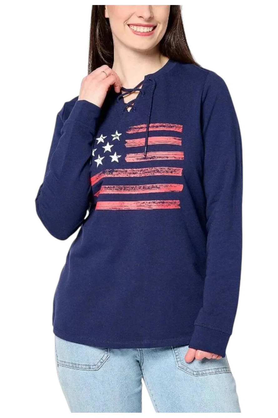 Denim & Co. Women's American Flag French Terry Sweatshirt Navy - Regular